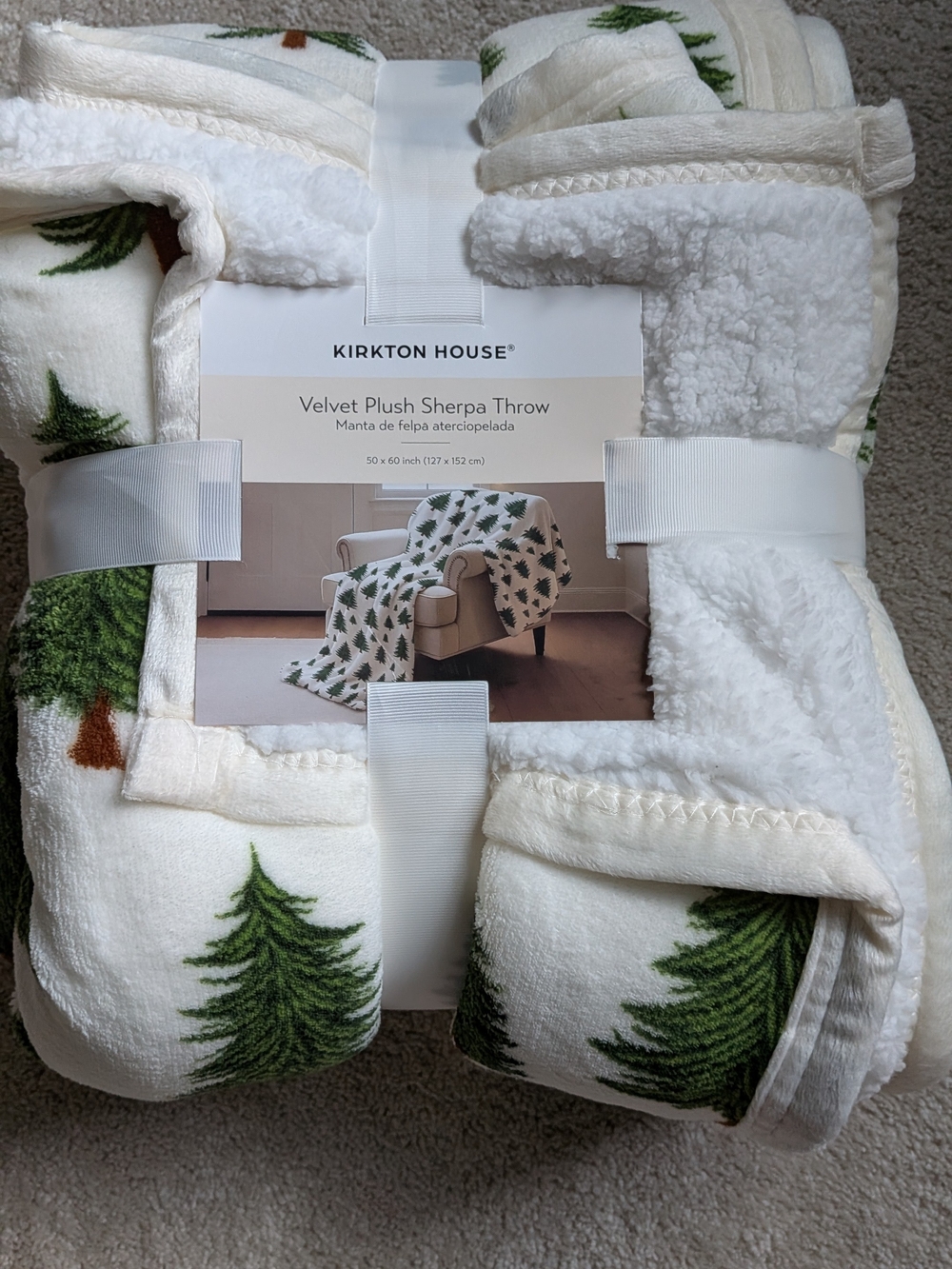 Kirkton House White Velvet Plush Sherpa Throw with Green Tree Motif